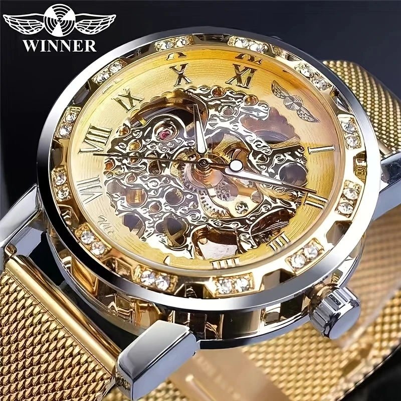 1 Piece of Men's Fashion Manual Mechanical Watch with Diamond Inlay, Hollow Design Mesh Strap Watch, Stylish and Versatile, Handsome Men's Student Wristwatch, High Appearance Value, First Choice for Gift Giving, No Battery Re - troupe de luxe1 Piece of Men's Fashion Manual Mechanical Watch with Diamond Inlay, Hollow Design Mesh Strap Watch, Stylish and Versatile, Handsome Men's Student Wristwatch, High Appearance Value, First Choice for Gift Giving, No Battery Re