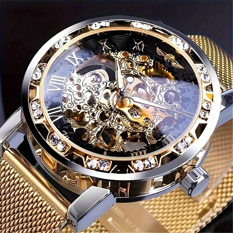 1 Piece of Men's Fashion Manual Mechanical Watch with Diamond Inlay, Hollow Design Mesh Strap Watch, Stylish and Versatile, Handsome Men's Student Wristwatch, High Appearance Value, First Choice for Gift Giving, No Battery Re - troupe de luxe1 Piece of Men's Fashion Manual Mechanical Watch with Diamond Inlay, Hollow Design Mesh Strap Watch, Stylish and Versatile, Handsome Men's Student Wristwatch, High Appearance Value, First Choice for Gift Giving, No Battery Re