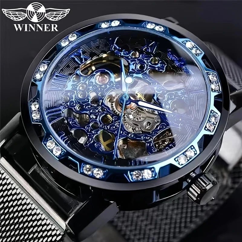 1 Piece of Men's Fashion Manual Mechanical Watch with Diamond Inlay, Hollow Design Mesh Strap Watch, Stylish and Versatile, Handsome Men's Student Wristwatch, High Appearance Value, First Choice for Gift Giving, No Battery Re - troupe de luxe1 Piece of Men's Fashion Manual Mechanical Watch with Diamond Inlay, Hollow Design Mesh Strap Watch, Stylish and Versatile, Handsome Men's Student Wristwatch, High Appearance Value, First Choice for Gift Giving, No Battery Re