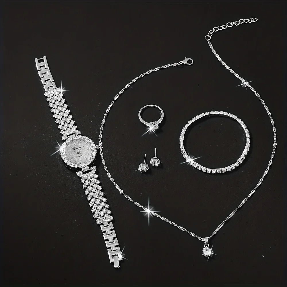 1pc Rhinestone Decor Quartz Watch Elegant Analog Wristwatch & 5pcs Jewelry Set, Festival Gift For Women - troupe de luxe1pc Rhinestone Decor Quartz Watch Elegant Analog Wristwatch & 5pcs Jewelry Set, Festival Gift For Women