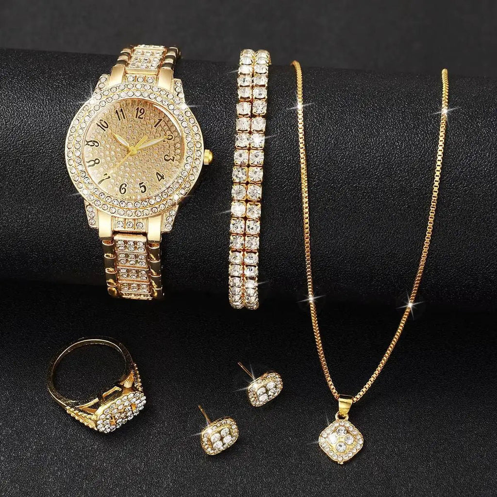 6PCS/Set Luxury Full Diamond Women Watches Fashion Ladies Quartz Wristwatch Jewelry Set Reloj Mujer（Without Box） - troupe de luxe6PCS/Set Luxury Full Diamond Women Watches Fashion Ladies Quartz Wristwatch Jewelry Set Reloj Mujer（Without Box）