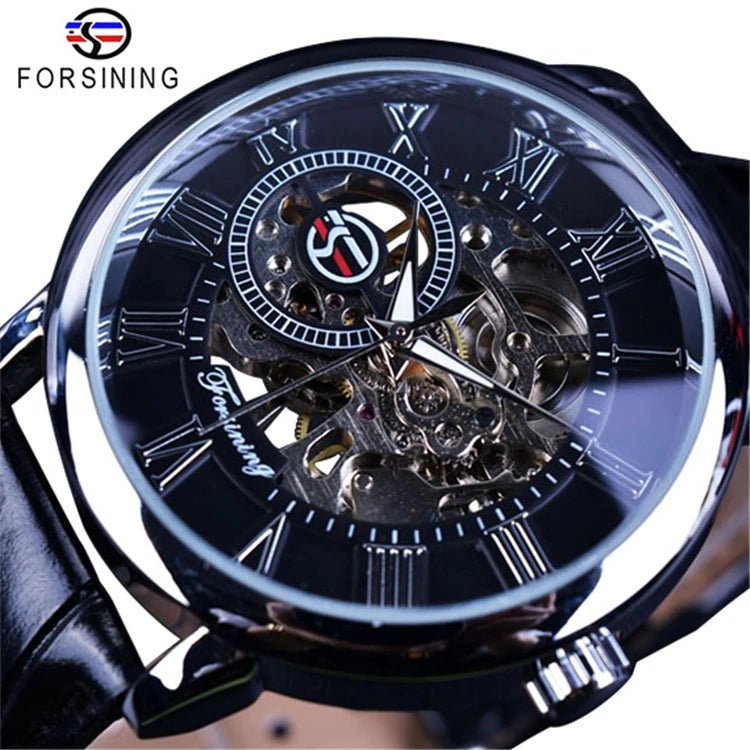 Forsining 053 3d Logo Design Hollow Engraving Black Gold Case Leather Skeleton Mechanical Watches Men Fashion Brand - troupe de luxeForsining 053 3d Logo Design Hollow Engraving Black Gold Case Leather Skeleton Mechanical Watches Men Fashion Brand