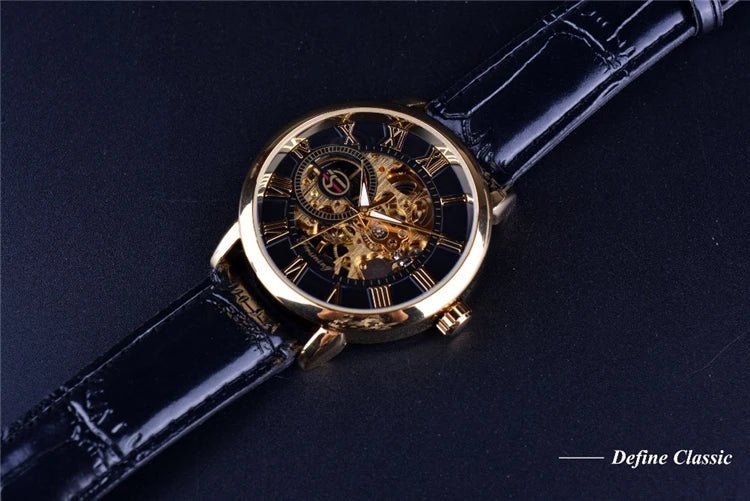 Forsining 053 3d Logo Design Hollow Engraving Black Gold Case Leather Skeleton Mechanical Watches Men Fashion Brand - troupe de luxeForsining 053 3d Logo Design Hollow Engraving Black Gold Case Leather Skeleton Mechanical Watches Men Fashion Brand