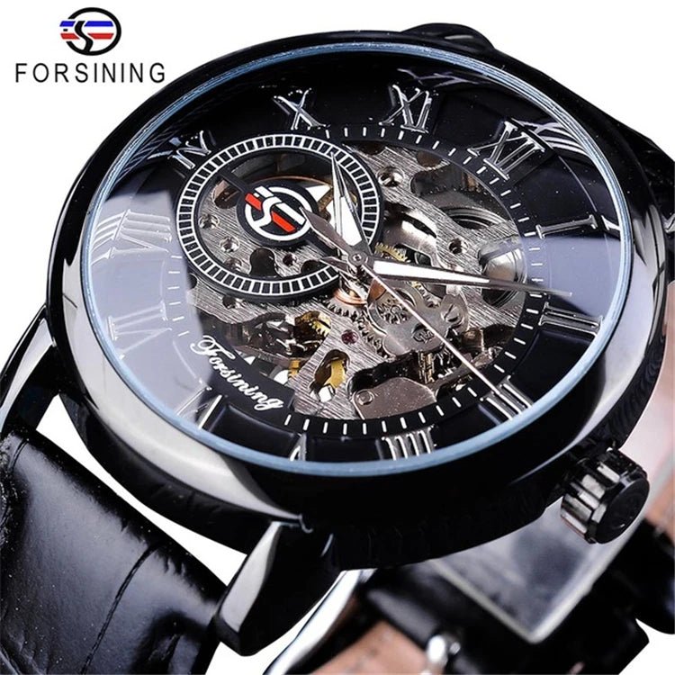 Forsining 053 3d Logo Design Hollow Engraving Black Gold Case Leather Skeleton Mechanical Watches Men Fashion Brand - troupe de luxeForsining 053 3d Logo Design Hollow Engraving Black Gold Case Leather Skeleton Mechanical Watches Men Fashion Brand