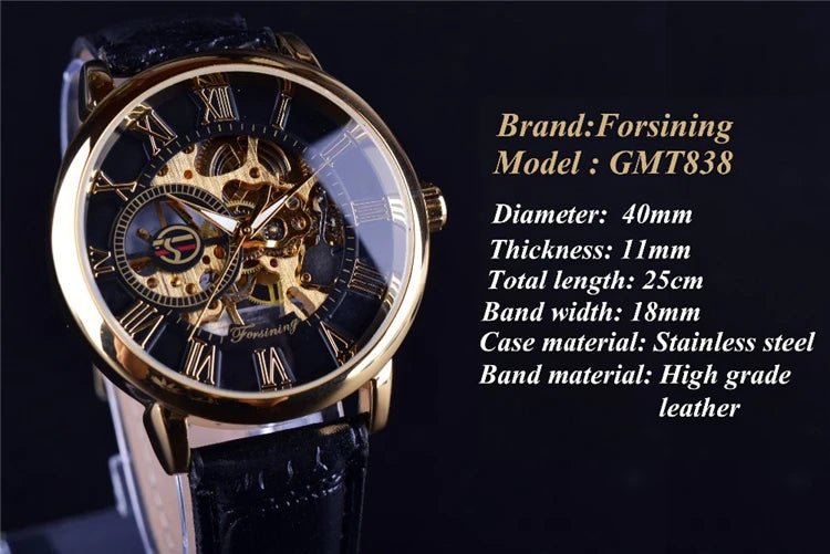 Forsining 053 3d Logo Design Hollow Engraving Black Gold Case Leather Skeleton Mechanical Watches Men Fashion Brand - troupe de luxeForsining 053 3d Logo Design Hollow Engraving Black Gold Case Leather Skeleton Mechanical Watches Men Fashion Brand