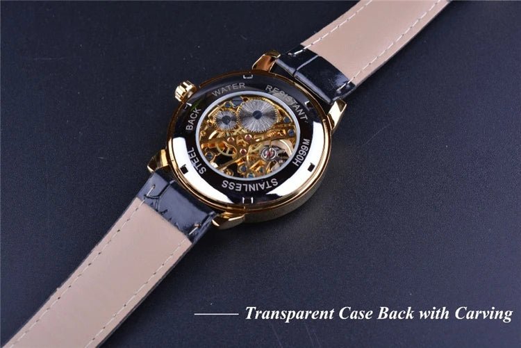 Forsining 053 3d Logo Design Hollow Engraving Black Gold Case Leather Skeleton Mechanical Watches Men Fashion Brand - troupe de luxeForsining 053 3d Logo Design Hollow Engraving Black Gold Case Leather Skeleton Mechanical Watches Men Fashion Brand