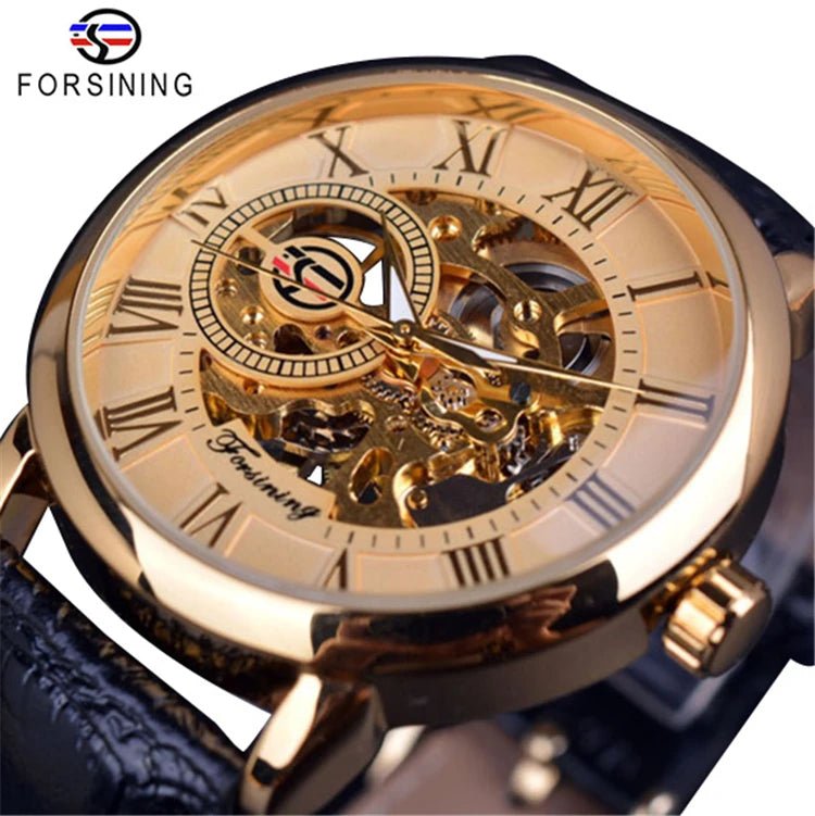 Forsining 053 3d Logo Design Hollow Engraving Black Gold Case Leather Skeleton Mechanical Watches Men Fashion Brand - troupe de luxeForsining 053 3d Logo Design Hollow Engraving Black Gold Case Leather Skeleton Mechanical Watches Men Fashion Brand