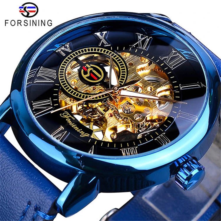 Forsining 053 3d Logo Design Hollow Engraving Black Gold Case Leather Skeleton Mechanical Watches Men Fashion Brand - troupe de luxeForsining 053 3d Logo Design Hollow Engraving Black Gold Case Leather Skeleton Mechanical Watches Men Fashion Brand