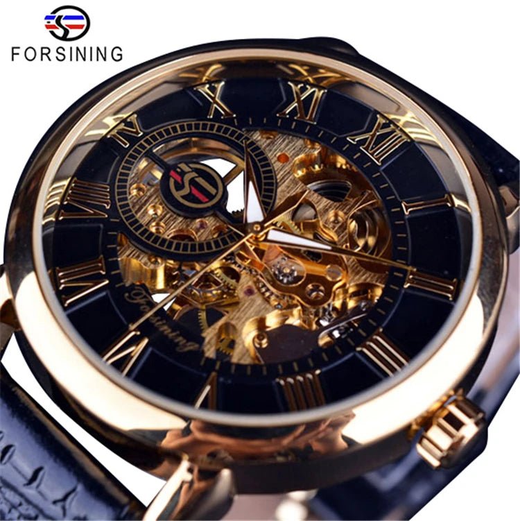 Forsining 053 3d Logo Design Hollow Engraving Black Gold Case Leather Skeleton Mechanical Watches Men Fashion Brand - troupe de luxeForsining 053 3d Logo Design Hollow Engraving Black Gold Case Leather Skeleton Mechanical Watches Men Fashion Brand