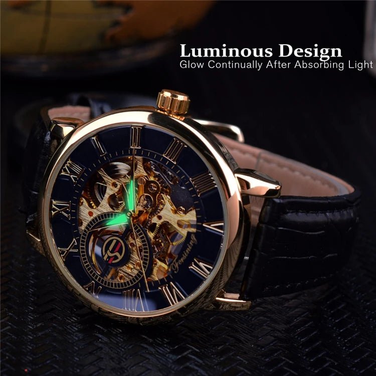 Forsining 053 3d Logo Design Hollow Engraving Black Gold Case Leather Skeleton Mechanical Watches Men Fashion Brand - troupe de luxeForsining 053 3d Logo Design Hollow Engraving Black Gold Case Leather Skeleton Mechanical Watches Men Fashion Brand