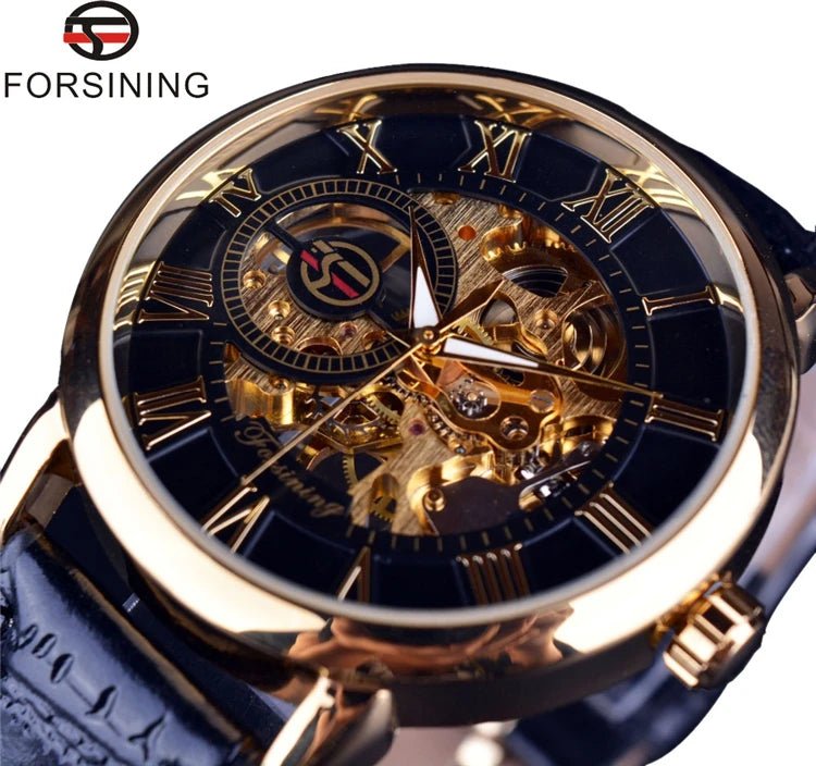 Forsining 053 3d Logo Design Hollow Engraving Black Gold Case Leather Skeleton Mechanical Watches Men Fashion Brand - troupe de luxeForsining 053 3d Logo Design Hollow Engraving Black Gold Case Leather Skeleton Mechanical Watches Men Fashion Brand