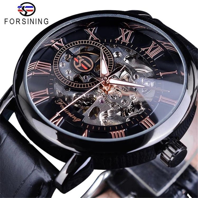 Forsining 053 3d Logo Design Hollow Engraving Black Gold Case Leather Skeleton Mechanical Watches Men Fashion Brand - troupe de luxeForsining 053 3d Logo Design Hollow Engraving Black Gold Case Leather Skeleton Mechanical Watches Men Fashion Brand