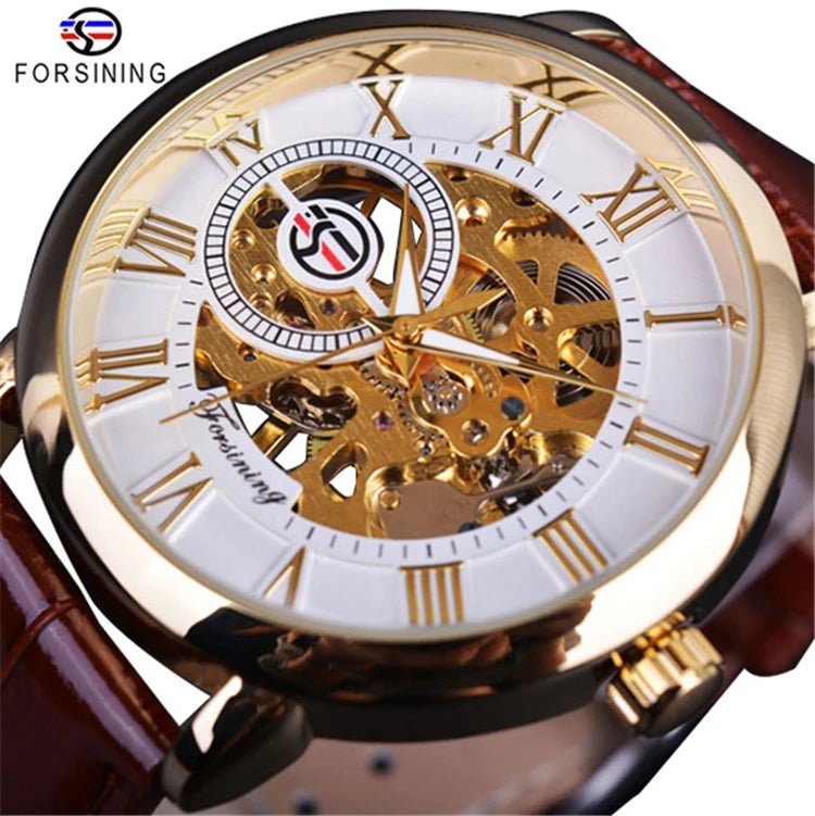 Forsining 053 3d Logo Design Hollow Engraving Black Gold Case Leather Skeleton Mechanical Watches Men Fashion Brand - troupe de luxeForsining 053 3d Logo Design Hollow Engraving Black Gold Case Leather Skeleton Mechanical Watches Men Fashion Brand