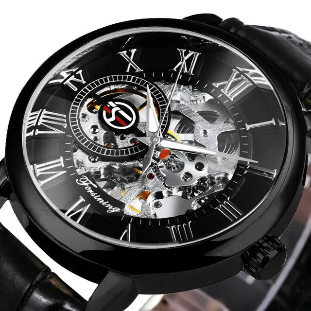 Forsining 2022 3d Logo Design Hollow Engraving Black Gold Case Leather Skeleton Mechanical Watches Men Brand Heren - troupe de luxeForsining 2022 3d Logo Design Hollow Engraving Black Gold Case Leather Skeleton Mechanical Watches Men Brand Heren