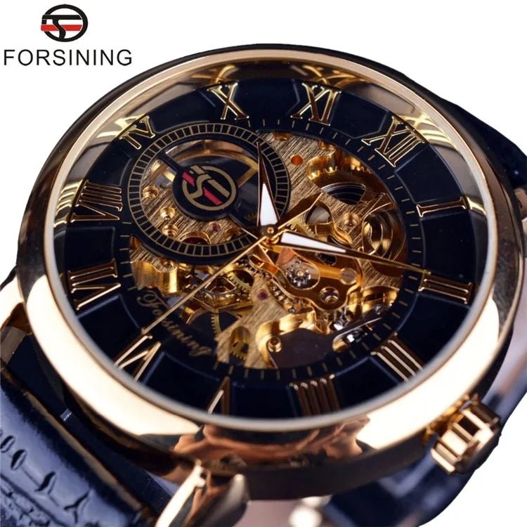 Forsining 2022 3d Logo Design Hollow Engraving Black Gold Case Leather Skeleton Mechanical Watches Men Brand Heren - troupe de luxeForsining 2022 3d Logo Design Hollow Engraving Black Gold Case Leather Skeleton Mechanical Watches Men Brand Heren
