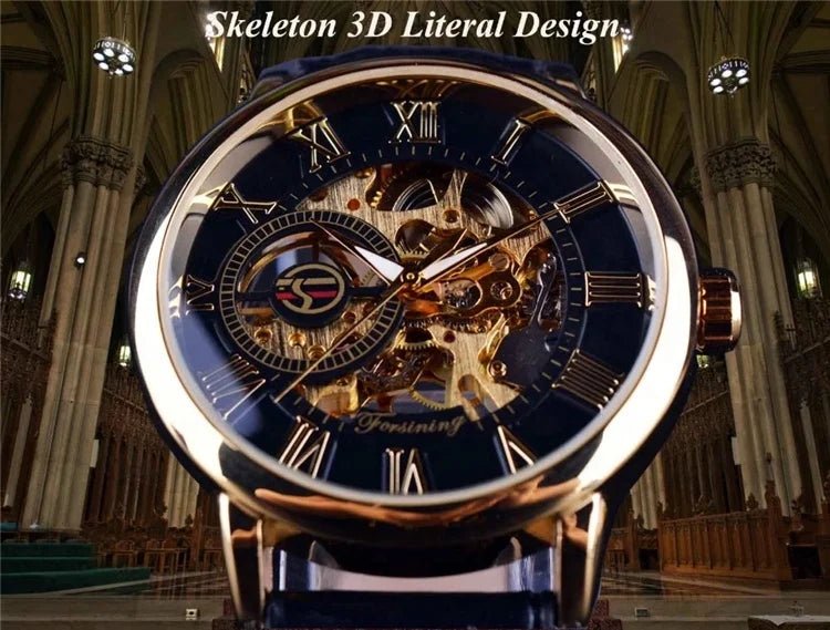 Forsining 2022 3d Logo Design Hollow Engraving Black Gold Case Leather Skeleton Mechanical Watches Men Brand Heren - troupe de luxeForsining 2022 3d Logo Design Hollow Engraving Black Gold Case Leather Skeleton Mechanical Watches Men Brand Heren