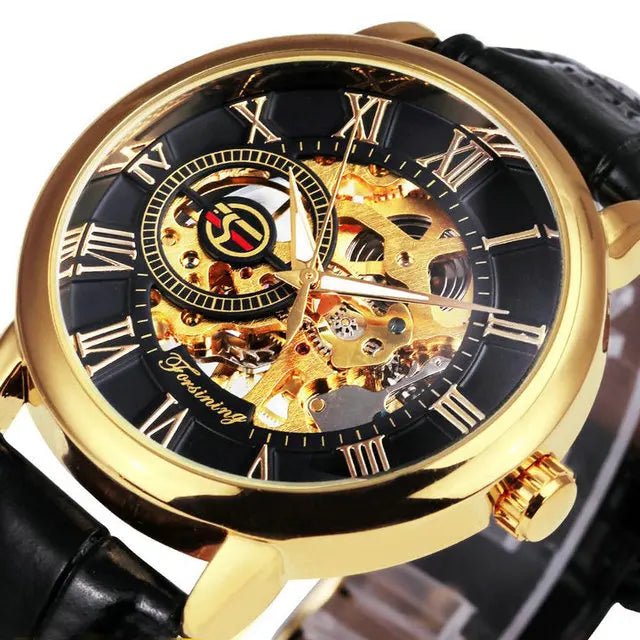 Forsining 2022 3d Logo Design Hollow Engraving Black Gold Case Leather Skeleton Mechanical Watches Men Brand Heren - troupe de luxeForsining 2022 3d Logo Design Hollow Engraving Black Gold Case Leather Skeleton Mechanical Watches Men Brand Heren