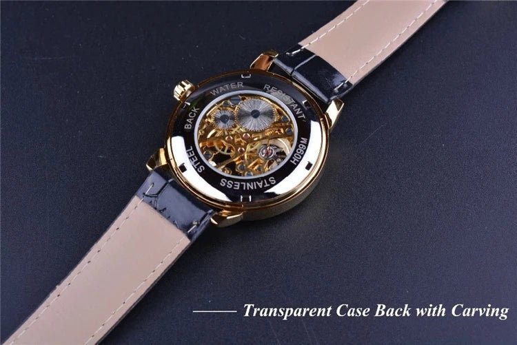 Forsining 2022 3d Logo Design Hollow Engraving Black Gold Case Leather Skeleton Mechanical Watches Men Brand Heren - troupe de luxeForsining 2022 3d Logo Design Hollow Engraving Black Gold Case Leather Skeleton Mechanical Watches Men Brand Heren