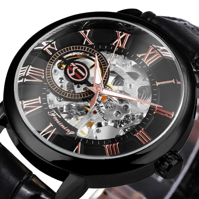 Forsining 2022 3d Logo Design Hollow Engraving Black Gold Case Leather Skeleton Mechanical Watches Men Brand Heren - troupe de luxeForsining 2022 3d Logo Design Hollow Engraving Black Gold Case Leather Skeleton Mechanical Watches Men Brand Heren