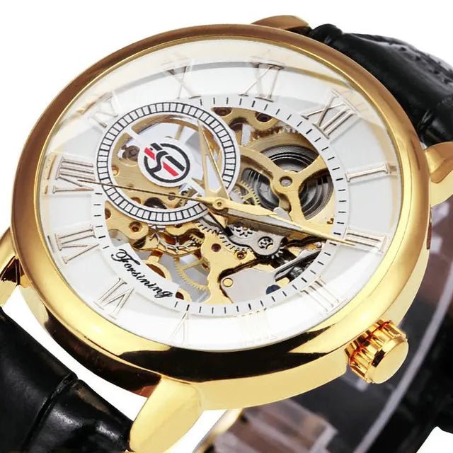Forsining 2022 3d Logo Design Hollow Engraving Black Gold Case Leather Skeleton Mechanical Watches Men Brand Heren - troupe de luxeForsining 2022 3d Logo Design Hollow Engraving Black Gold Case Leather Skeleton Mechanical Watches Men Brand Heren