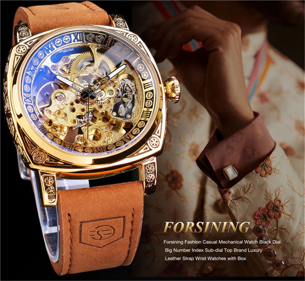 Forsining 403A Watch For Men Skeleton Automatic Mechanical Wrist Watches Brand Luxury 2023 Silver Gold Leather Relogio masculino - troupe de luxeForsining 403A Watch For Men Skeleton Automatic Mechanical Wrist Watches Brand Luxury 2023 Silver Gold Leather Relogio masculino