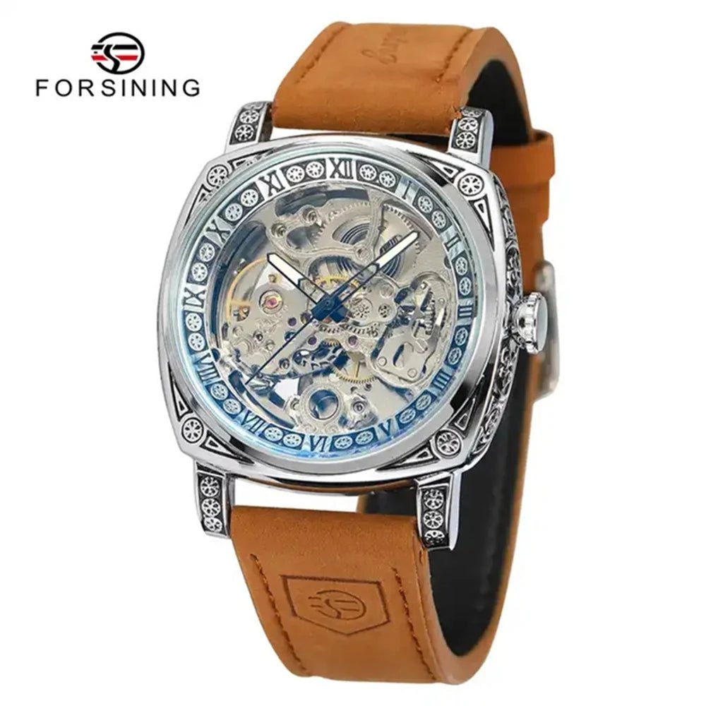 Forsining 403A Watch For Men Skeleton Automatic Mechanical Wrist Watches Brand Luxury 2023 Silver Gold Leather Relogio masculino - troupe de luxeForsining 403A Watch For Men Skeleton Automatic Mechanical Wrist Watches Brand Luxury 2023 Silver Gold Leather Relogio masculino