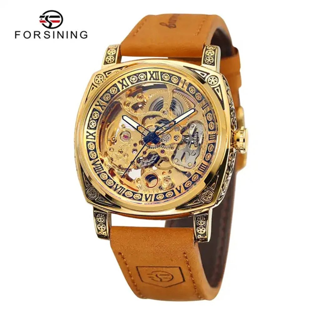 Forsining 403A Watch For Men Skeleton Automatic Mechanical Wrist Watches Brand Luxury 2023 Silver Gold Leather Relogio masculino - troupe de luxeForsining 403A Watch For Men Skeleton Automatic Mechanical Wrist Watches Brand Luxury 2023 Silver Gold Leather Relogio masculino