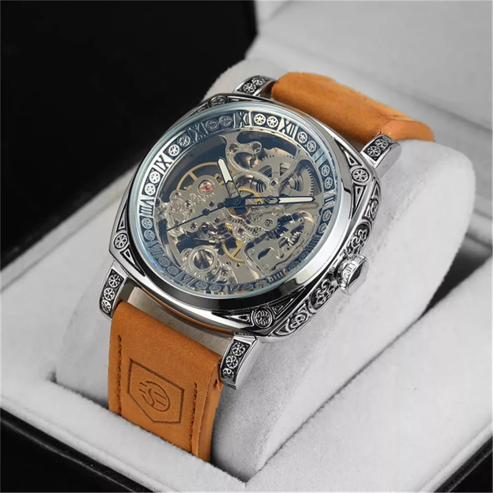 Forsining 403A Watch For Men Skeleton Automatic Mechanical Wrist Watches Brand Luxury 2023 Silver Gold Leather Relogio masculino - troupe de luxeForsining 403A Watch For Men Skeleton Automatic Mechanical Wrist Watches Brand Luxury 2023 Silver Gold Leather Relogio masculino