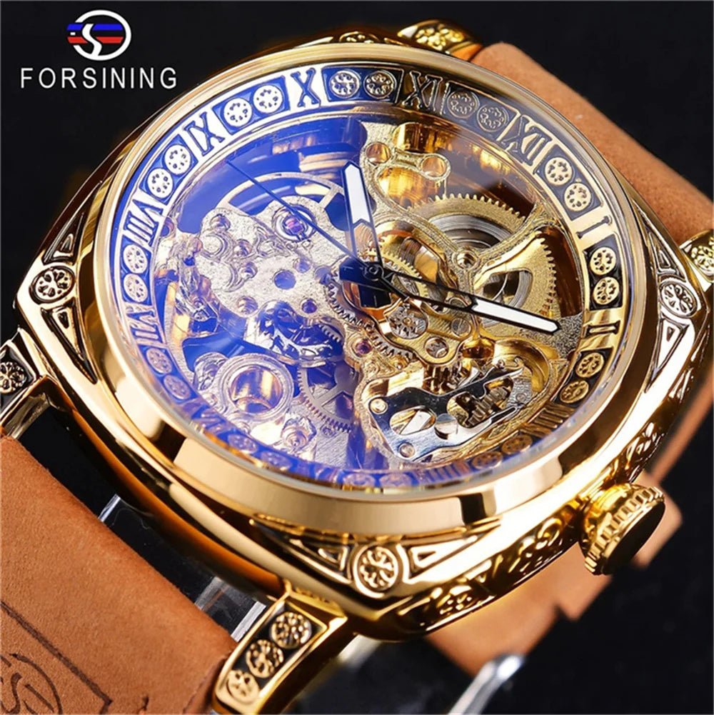 Forsining 403A Watch For Men Skeleton Automatic Mechanical Wrist Watches Brand Luxury 2023 Silver Gold Leather Relogio masculino - troupe de luxeForsining 403A Watch For Men Skeleton Automatic Mechanical Wrist Watches Brand Luxury 2023 Silver Gold Leather Relogio masculino